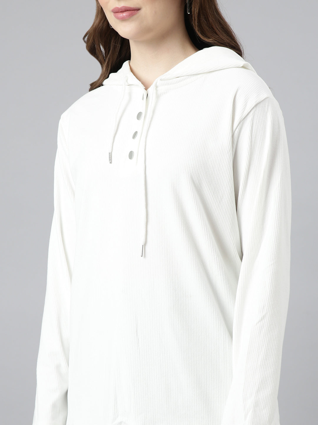 Women Off White Solid Pullover Sweatshirt