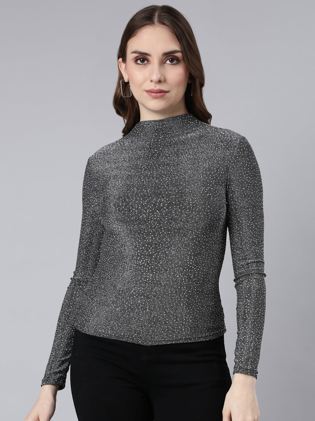 Women Grey Solid Fitted Top