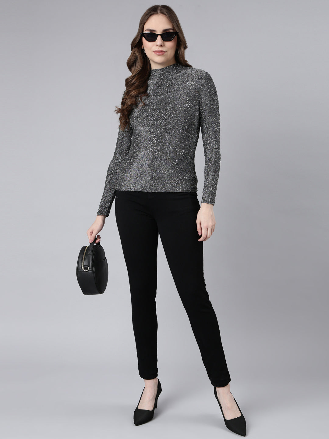 Women Grey Solid Fitted Top