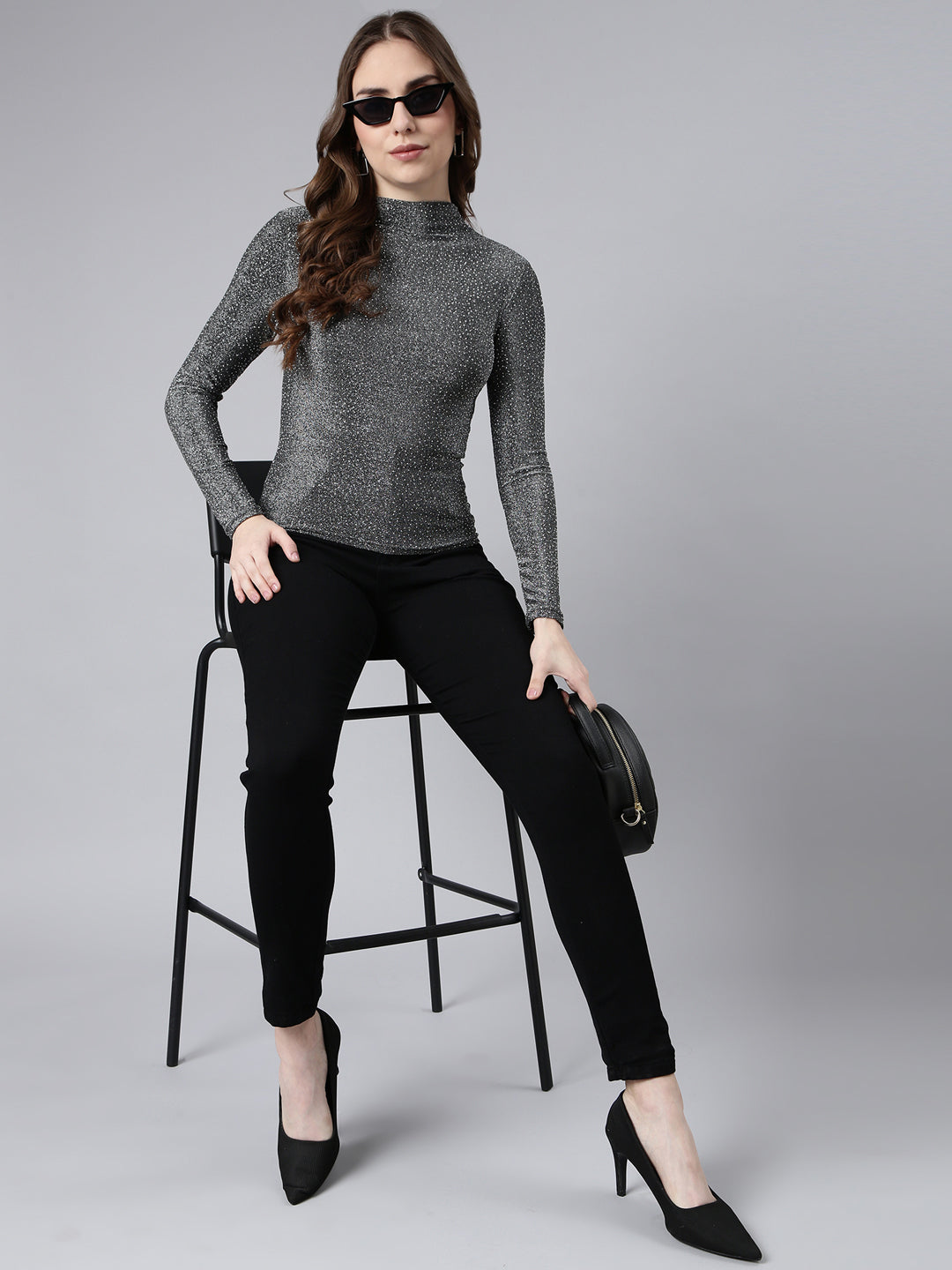 Women Grey Solid Fitted Top