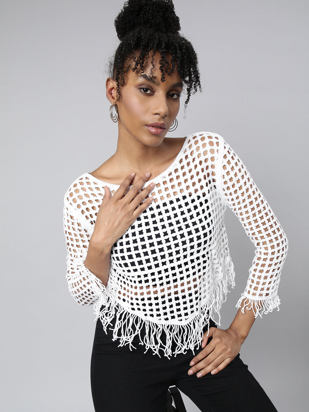 Women White Solid Crochet Top