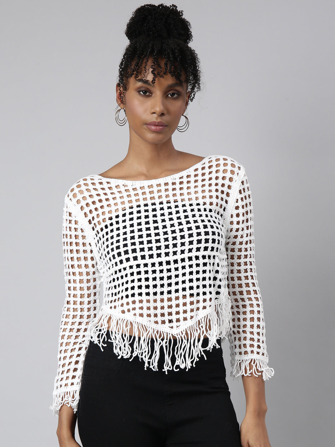 Women White Solid Crochet Top