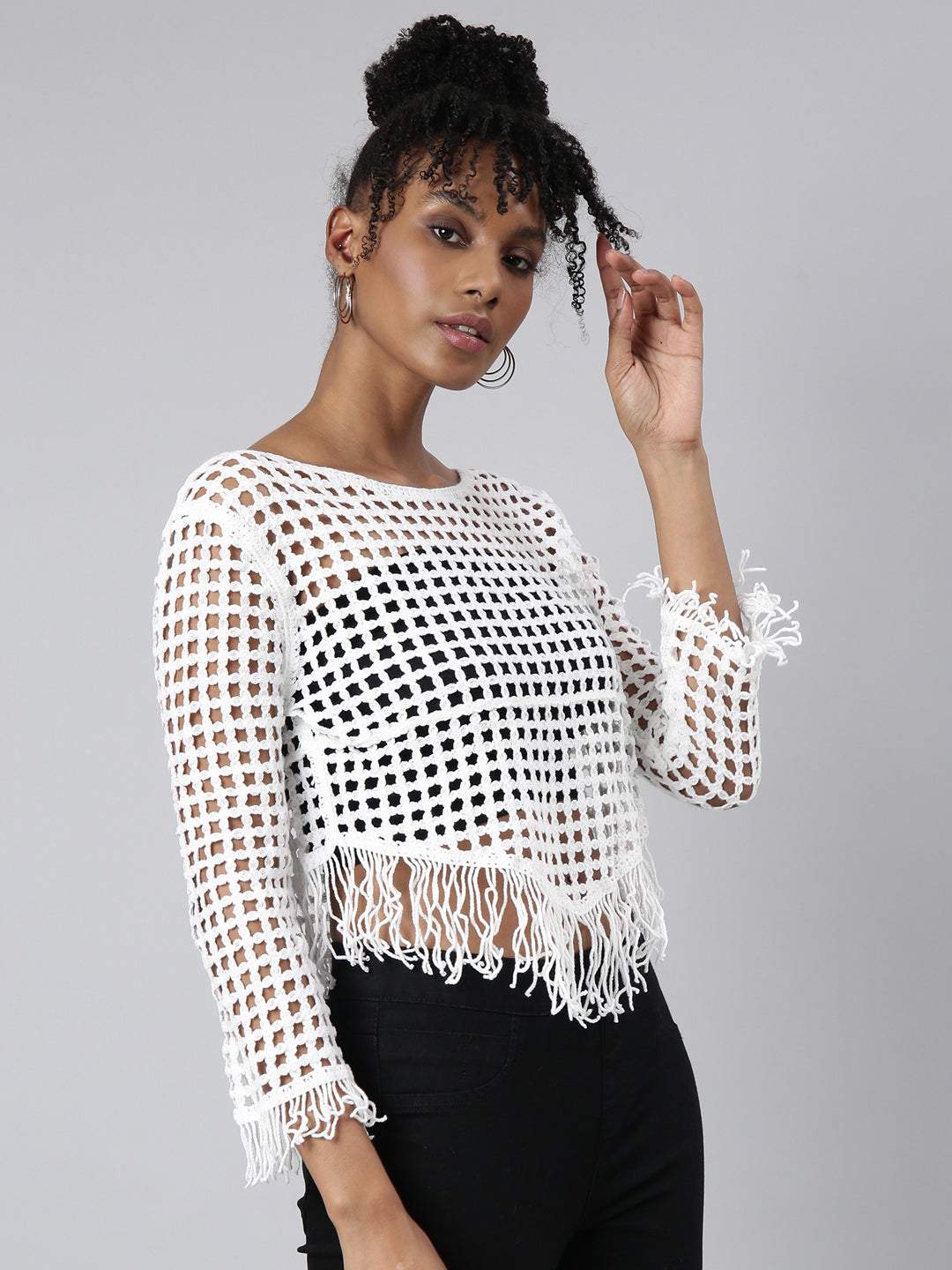 Women White Solid Crochet Top