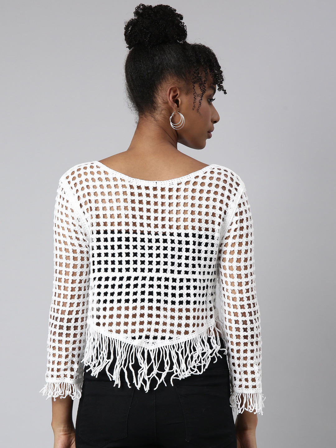 Women White Solid Crochet Top