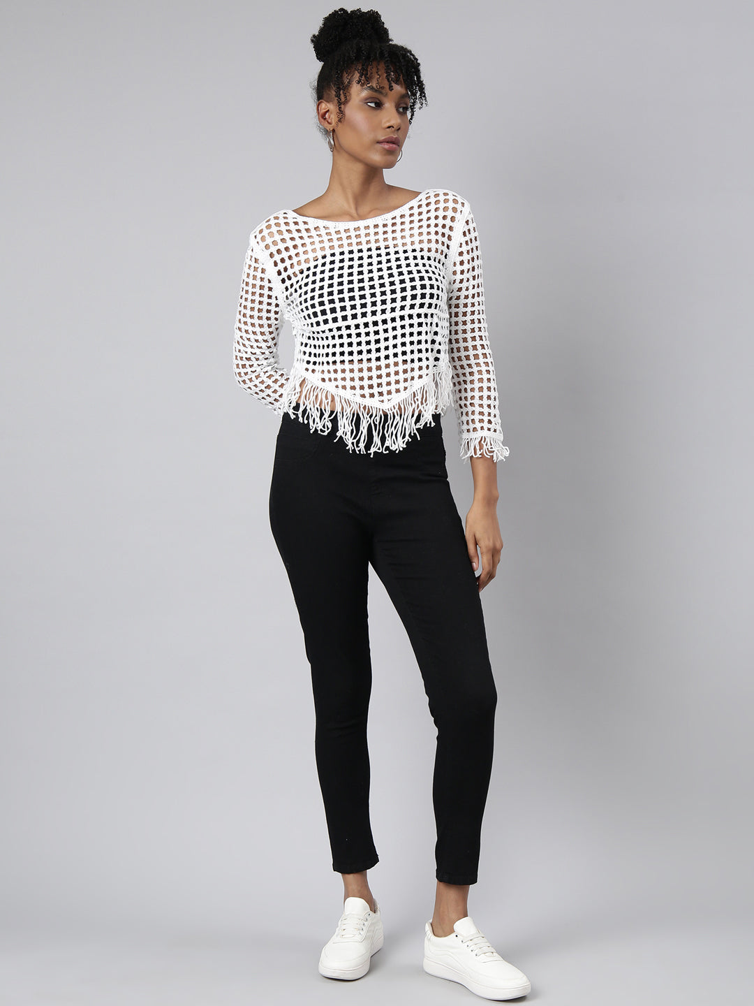 Women White Solid Crochet Top