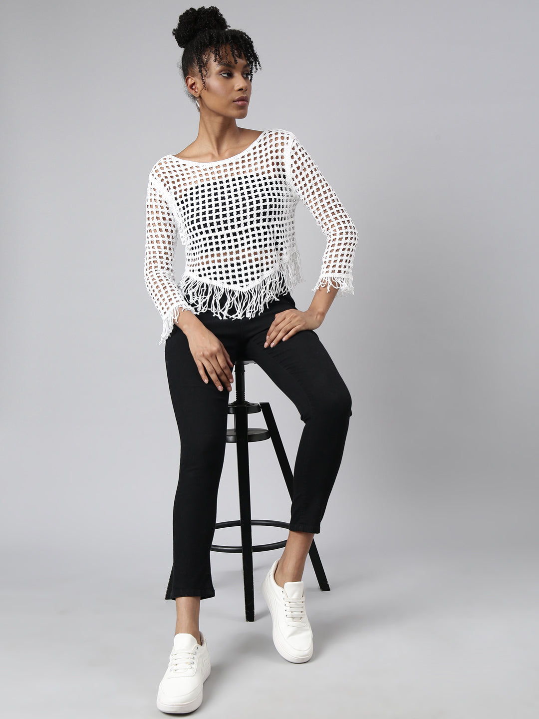 Women White Solid Crochet Top