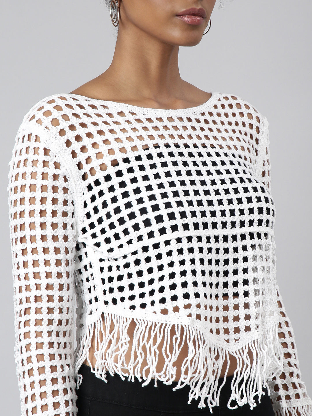 Women White Solid Crochet Top