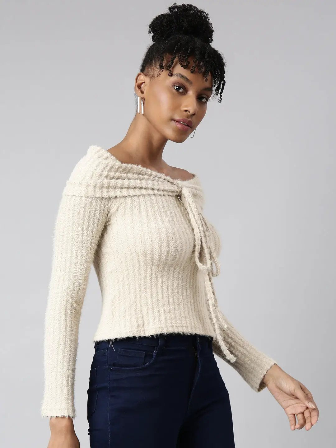 Women's Beige Self Design Fitted Top