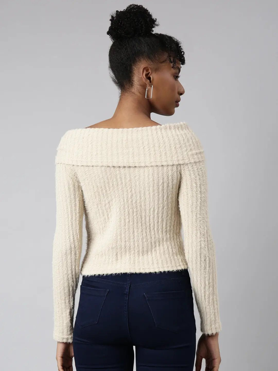 Women's Beige Self Design Fitted Top