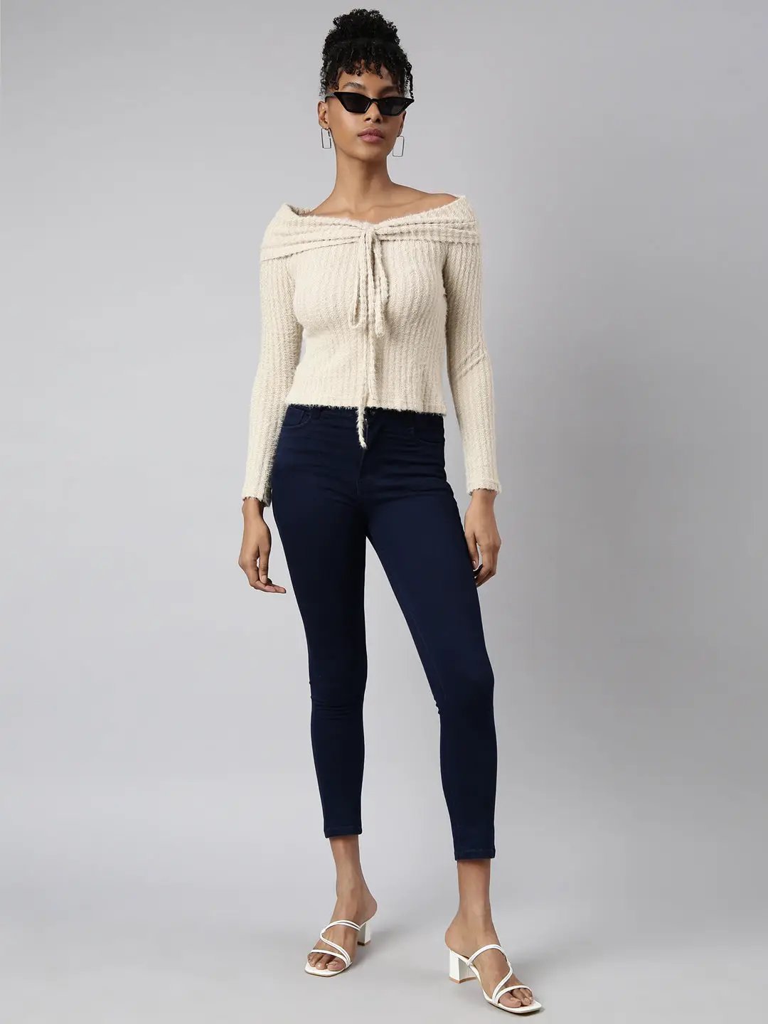 Women's Beige Self Design Fitted Top
