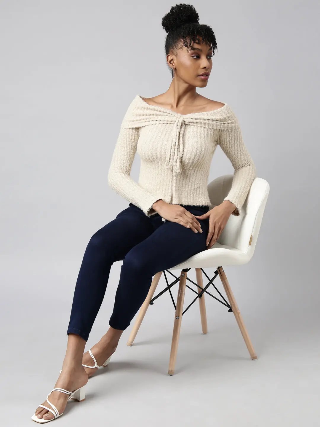 Women's Beige Self Design Fitted Top