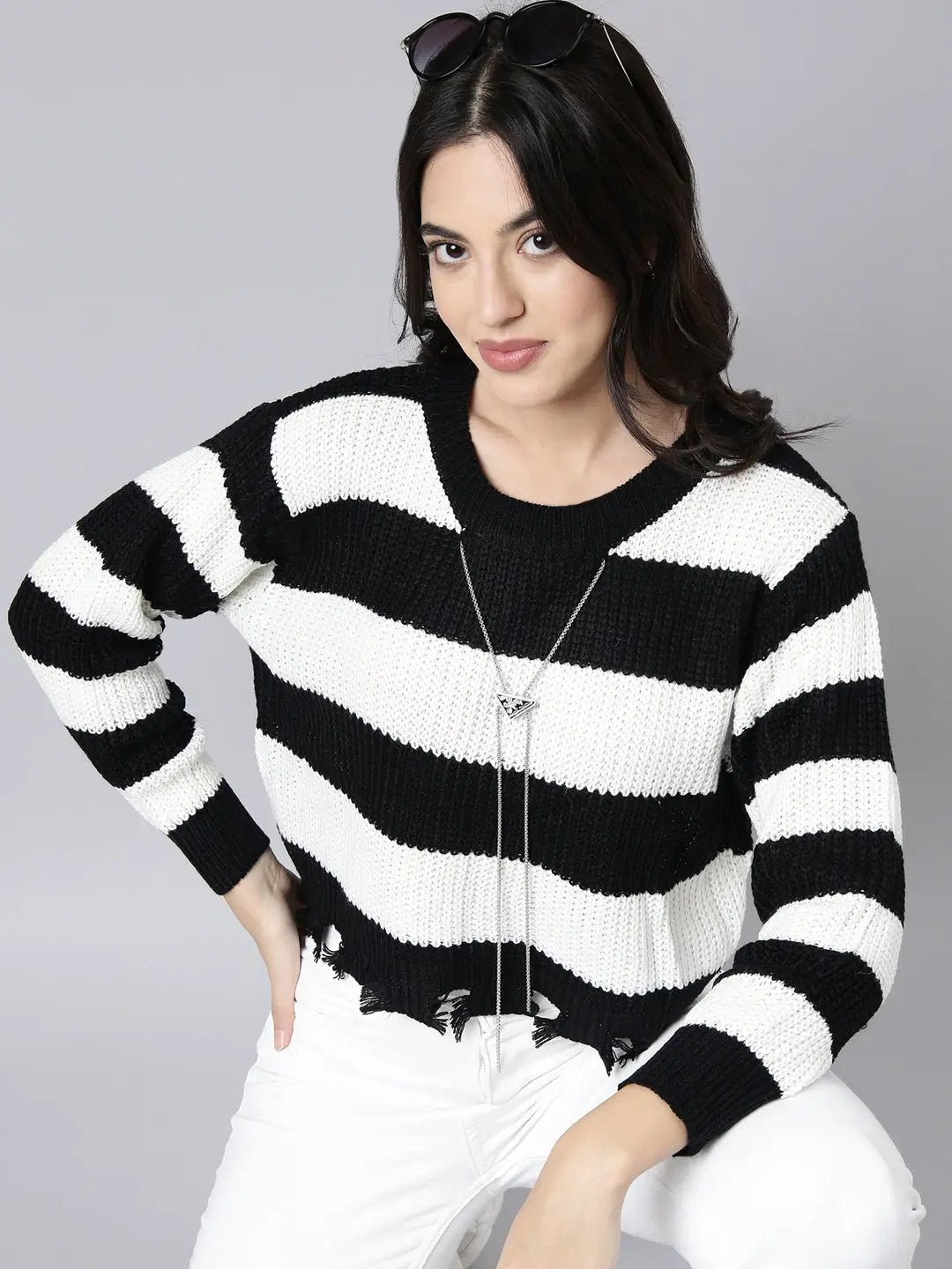 Women's Striped White Boxy Top Comes With Chain