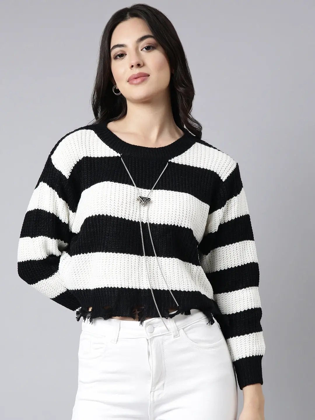 Women's Striped White Boxy Top Comes With Chain