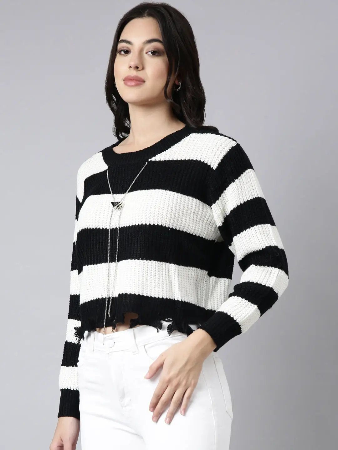 Women's Striped White Boxy Top Comes With Chain