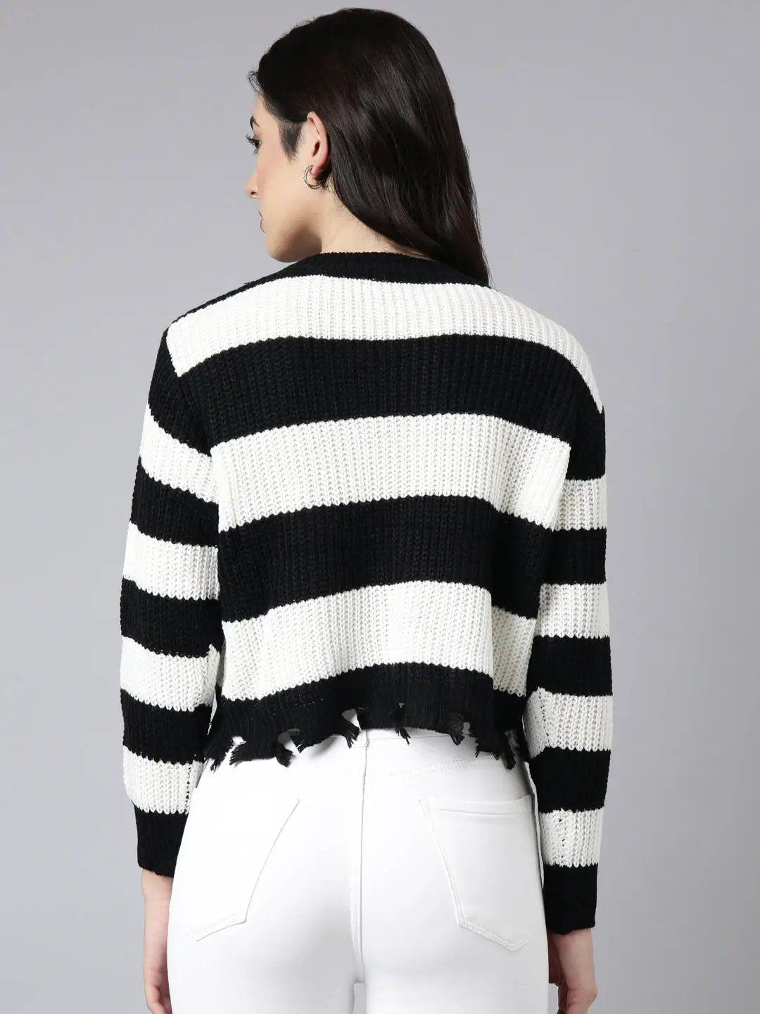 Women's Striped White Boxy Top Comes With Chain