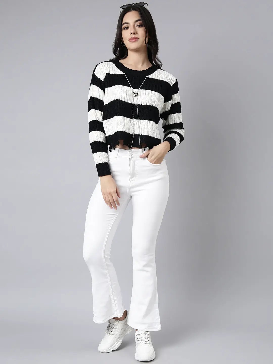 Women's Striped White Boxy Top Comes With Chain