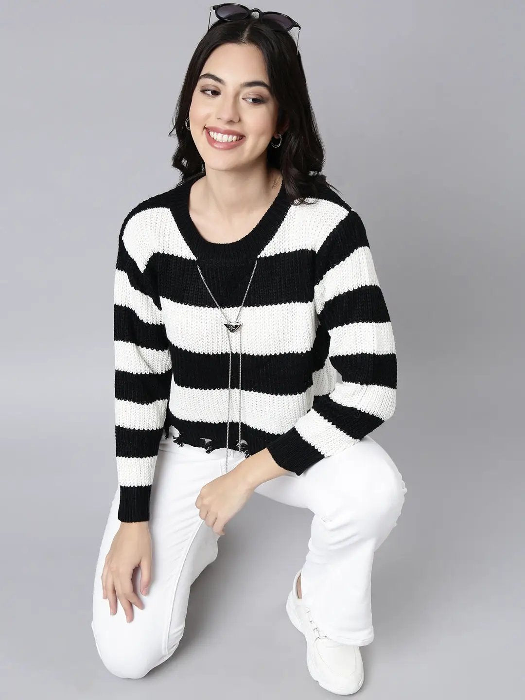 Women's Striped White Boxy Top Comes With Chain