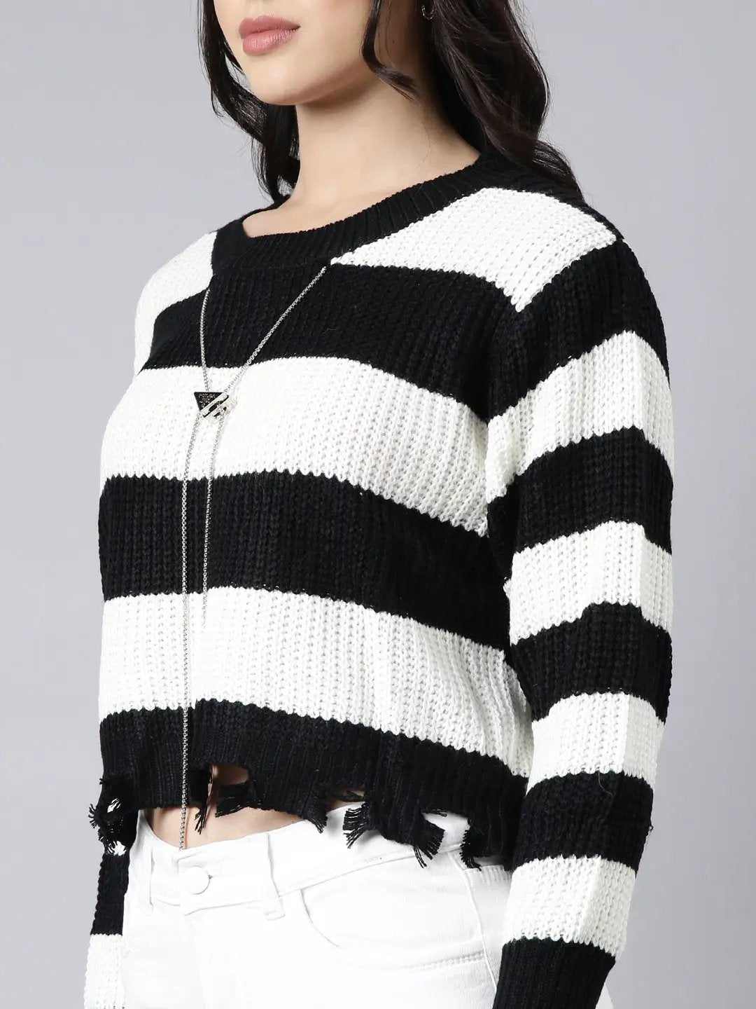 Women's Striped White Boxy Top Comes With Chain