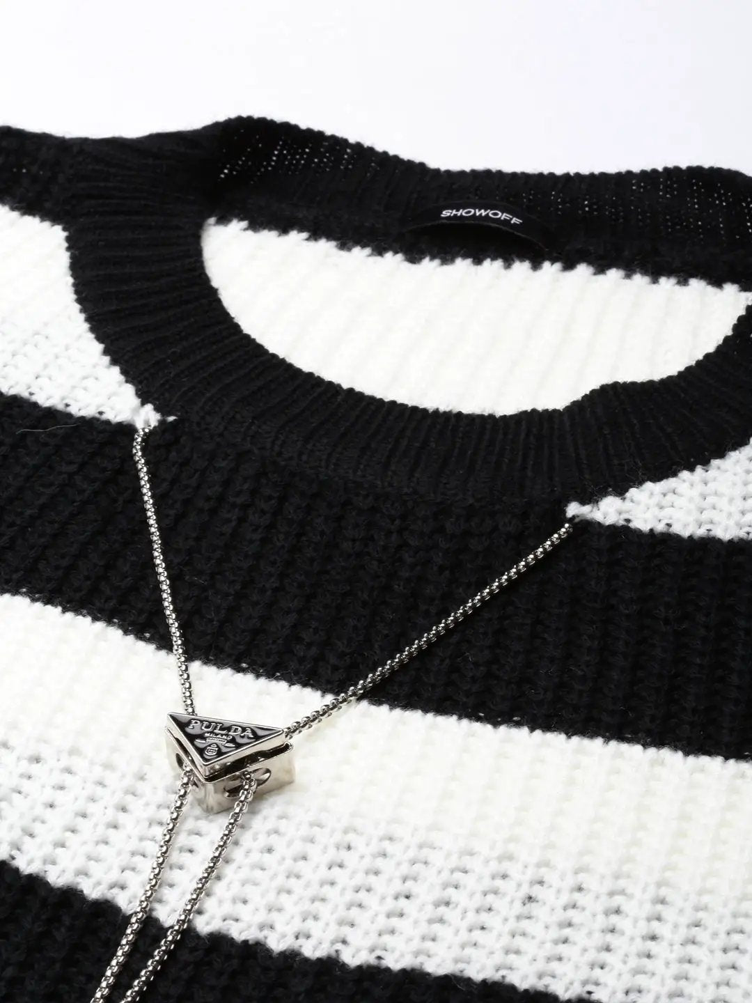 Women's Striped White Boxy Top Comes With Chain