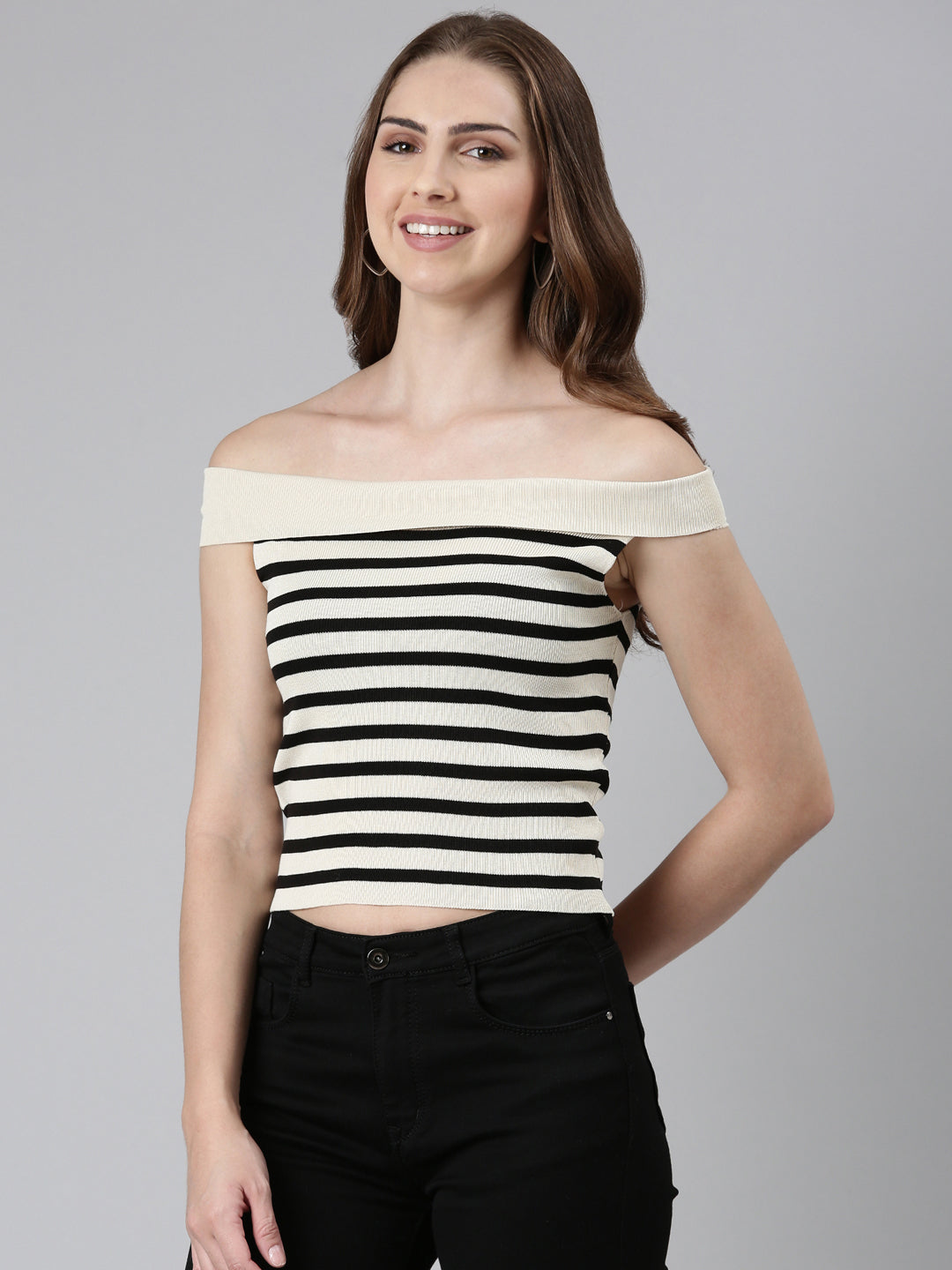 Off-Shoulder Striped Sleeveless Fitted Beige Crop Top