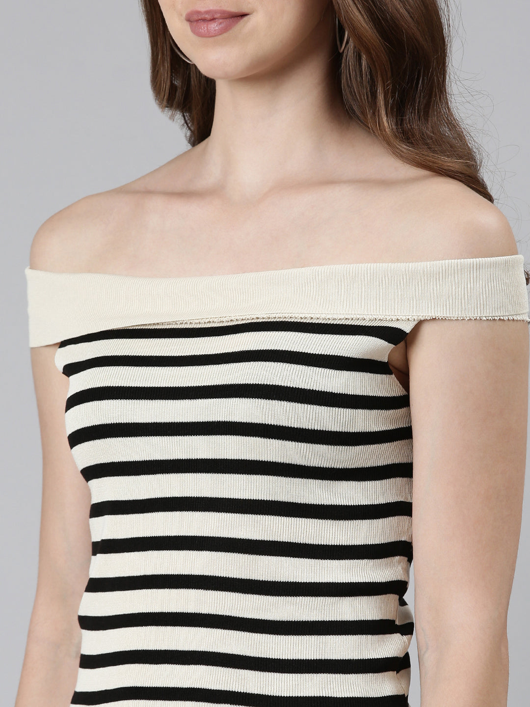 Off-Shoulder Striped Sleeveless Fitted Beige Crop Top