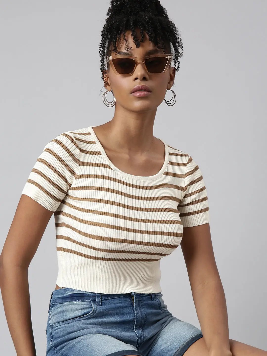 Women's Cream Horizontal Stripes Fitted Crop Top