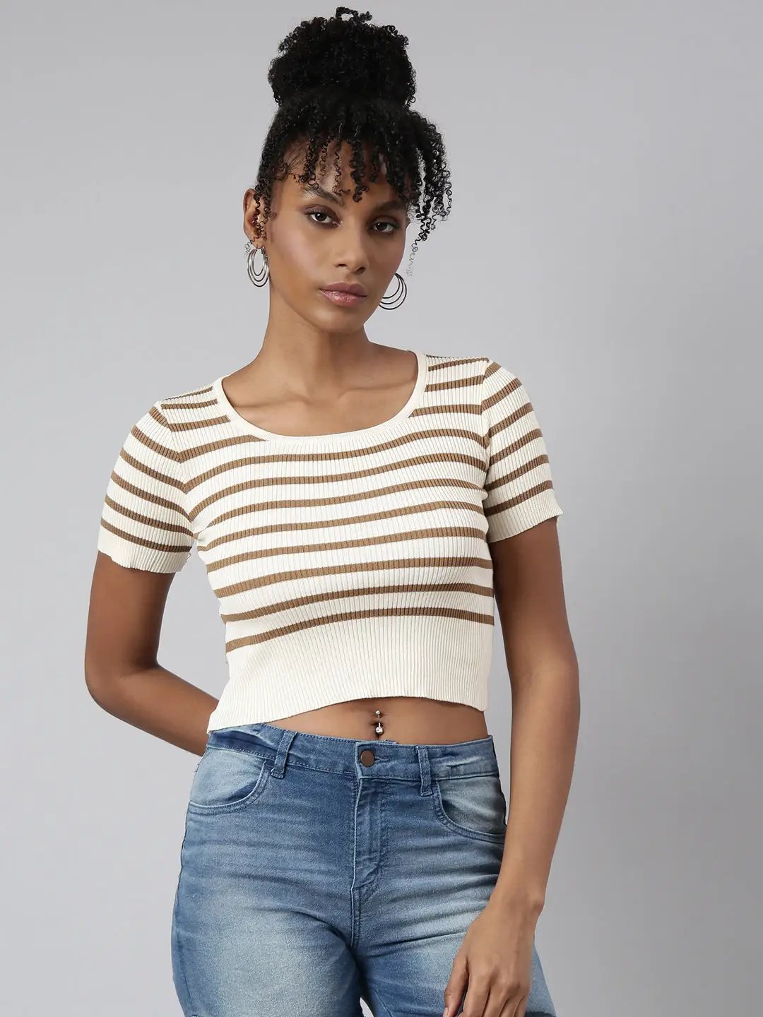 Women's Cream Horizontal Stripes Fitted Crop Top
