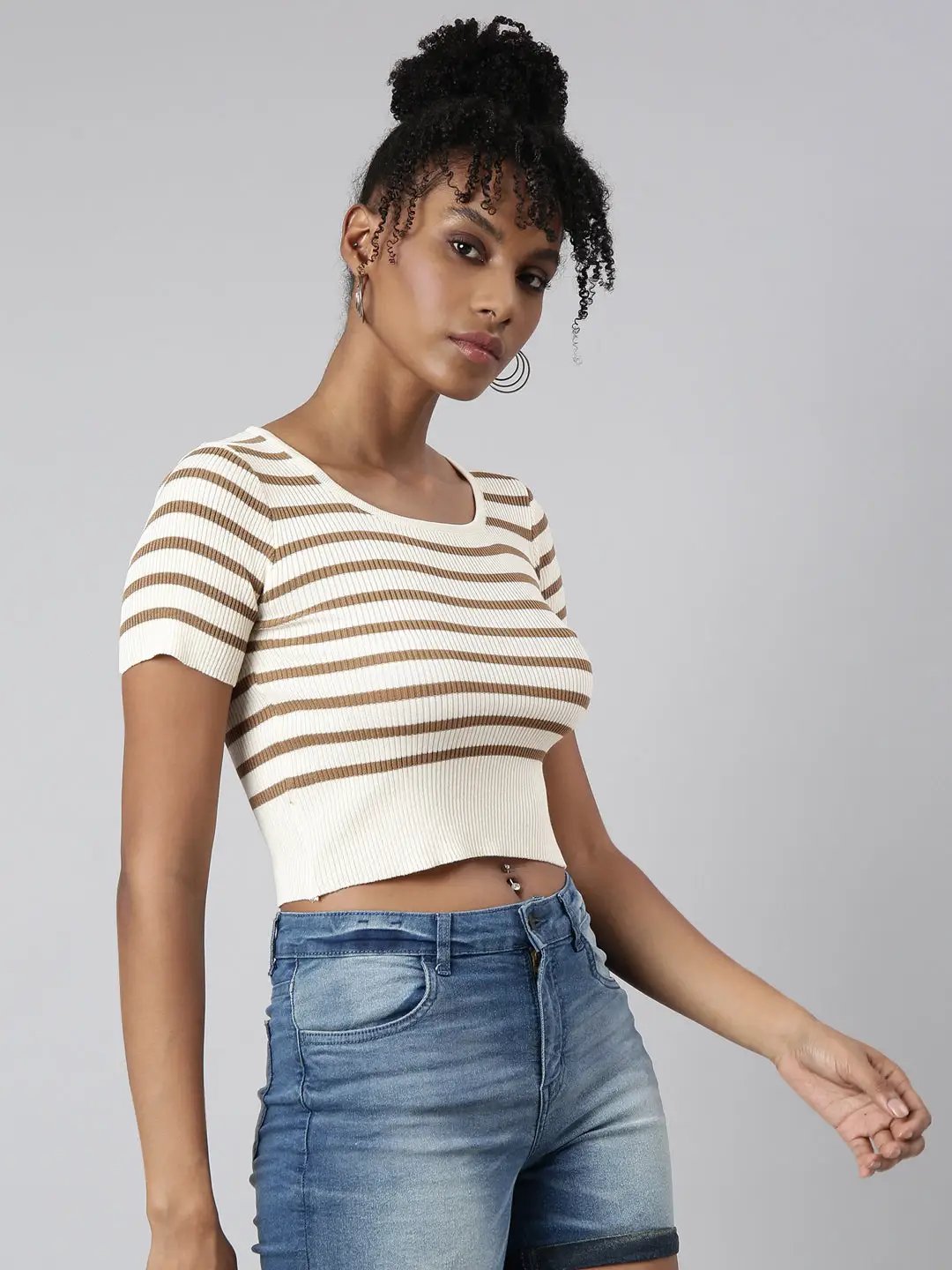 Women's Cream Horizontal Stripes Fitted Crop Top
