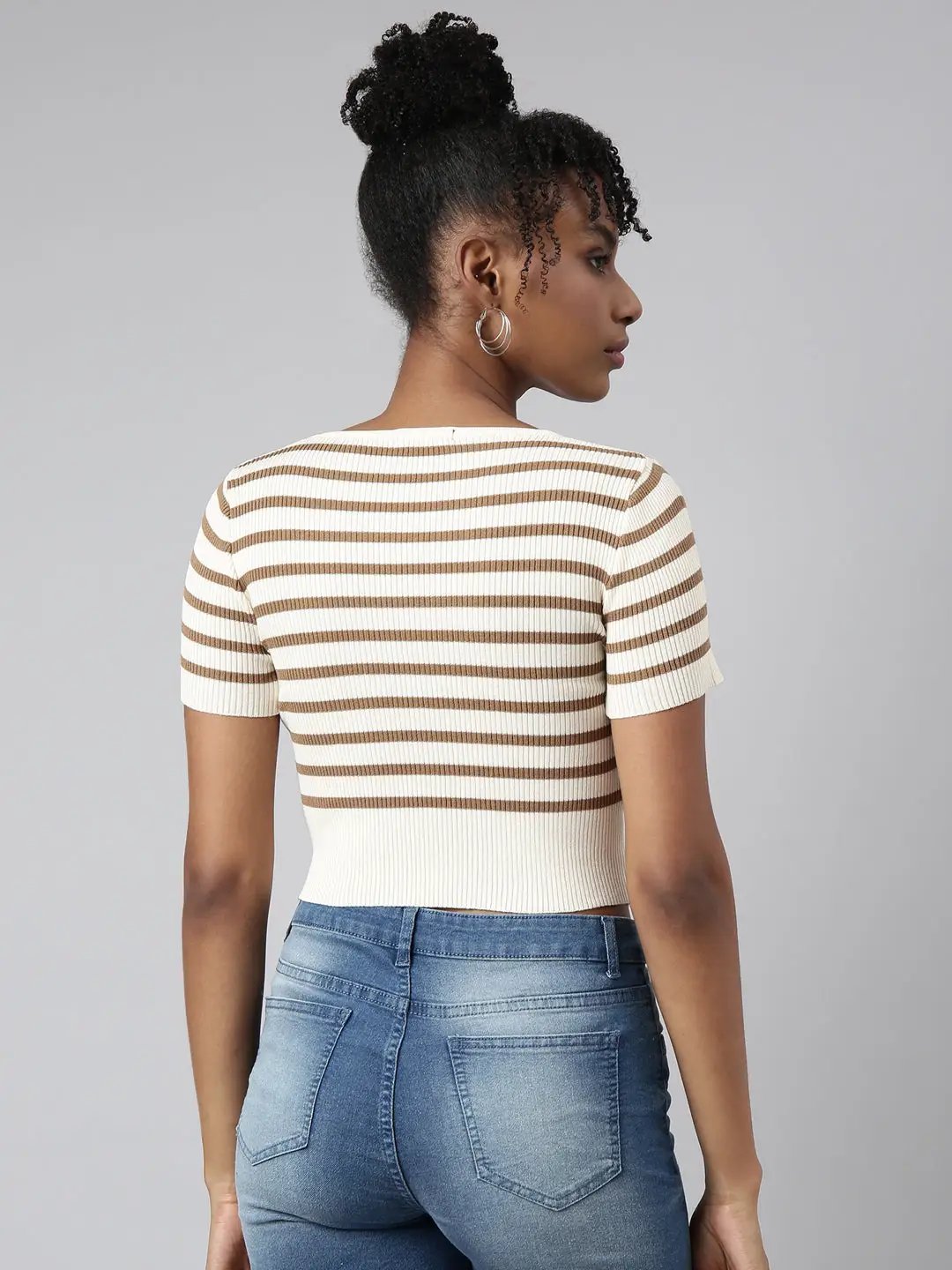 Women's Cream Horizontal Stripes Fitted Crop Top