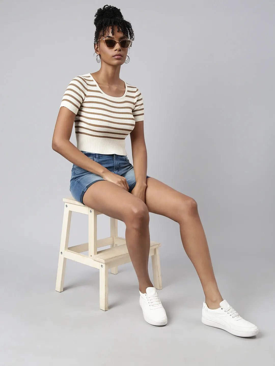 Women's Cream Horizontal Stripes Fitted Crop Top