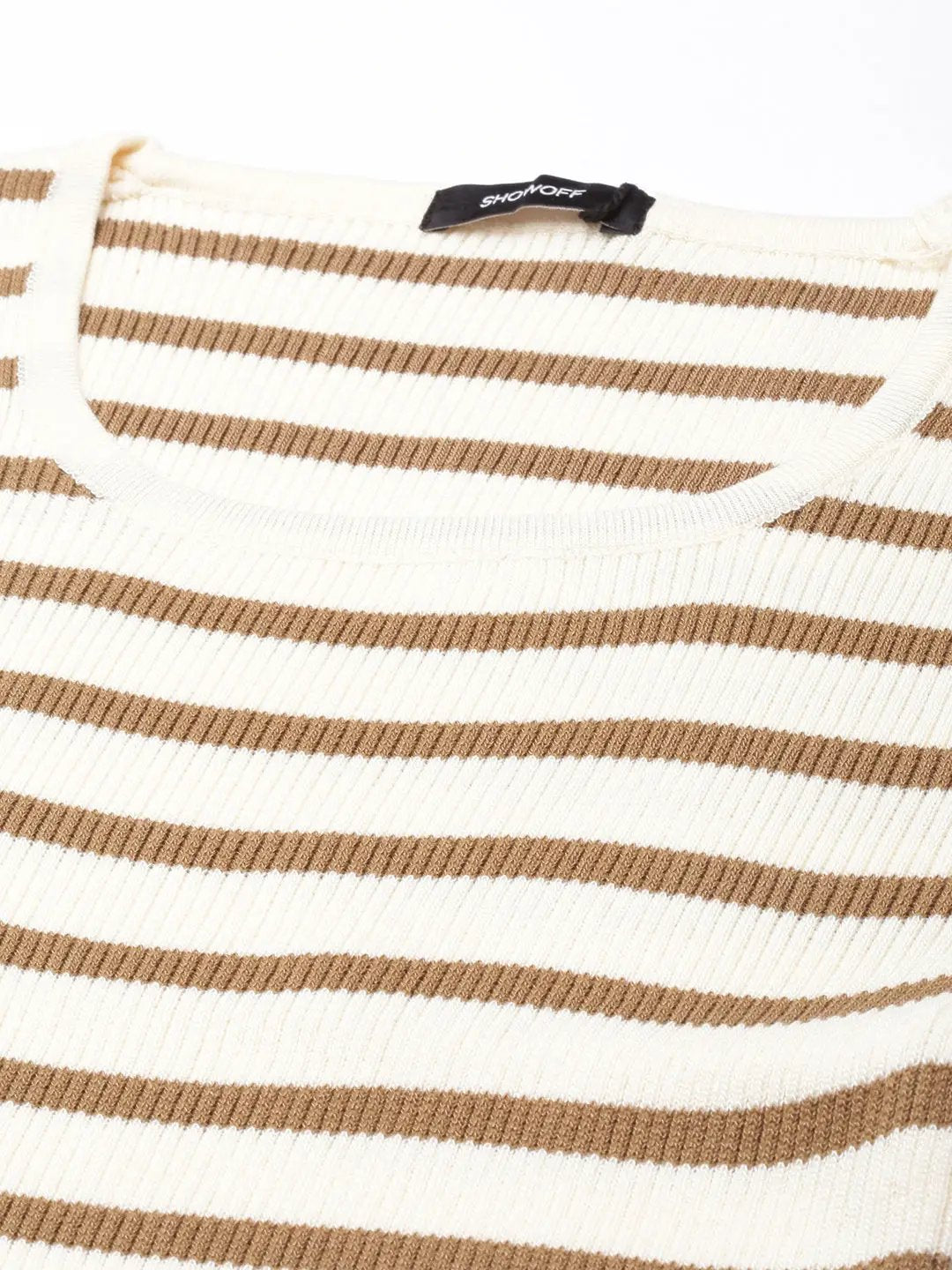 Women's Cream Horizontal Stripes Fitted Crop Top