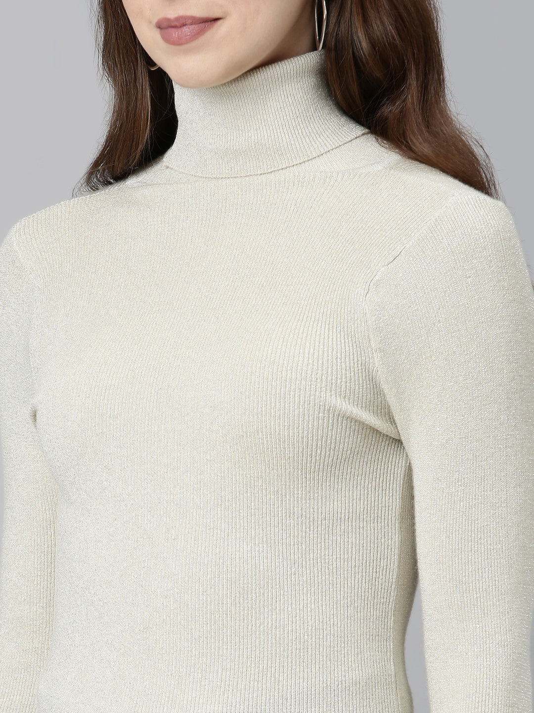 Women High Neck Embellished Regular Sleeves Fitted Cream Top