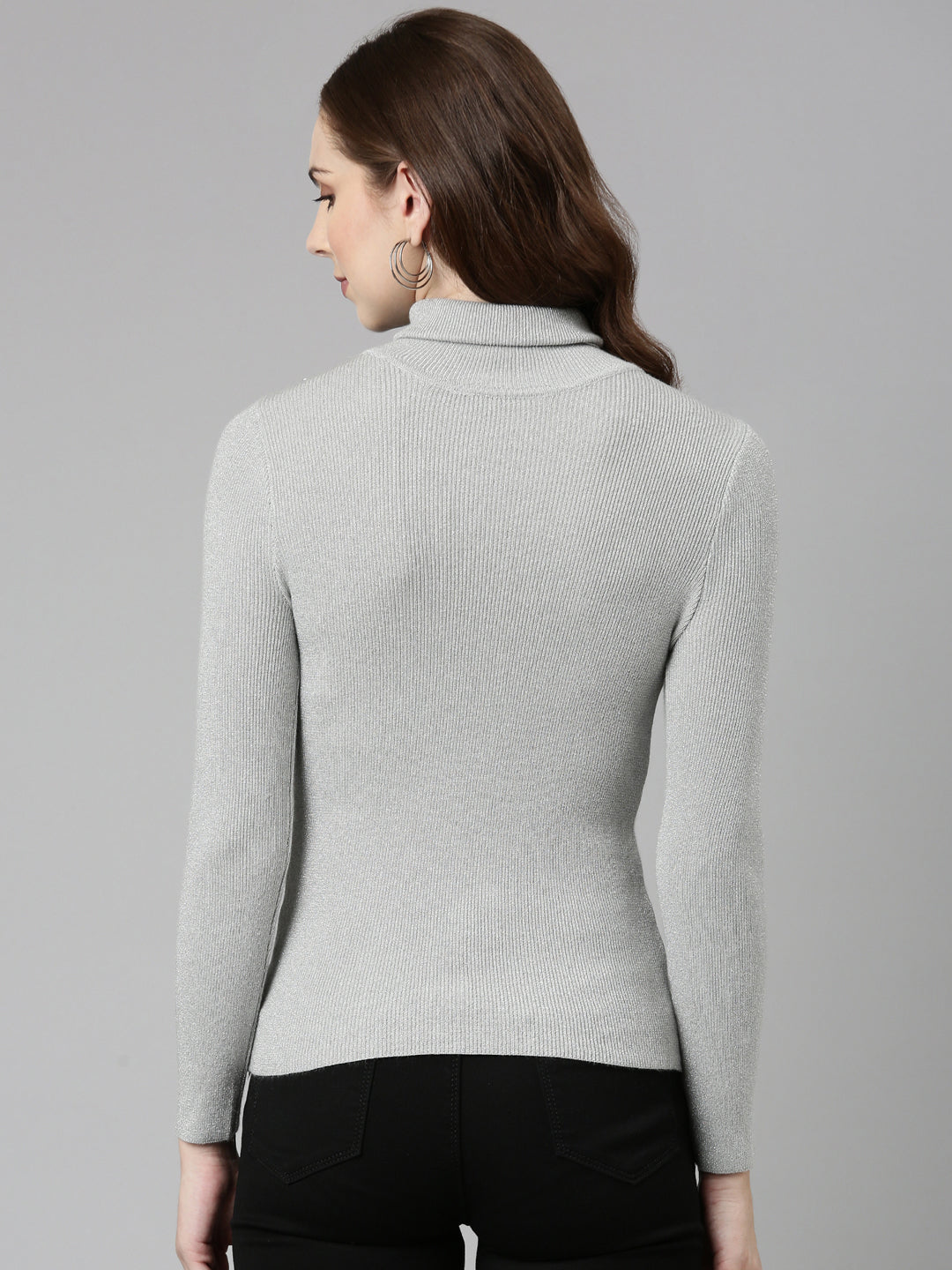 Women High Neck Embellished Regular Sleeves Fitted Grey Top