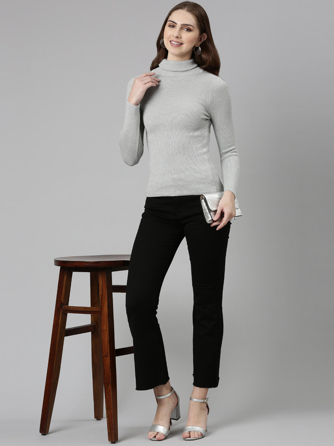 Women High Neck Embellished Regular Sleeves Fitted Grey Top