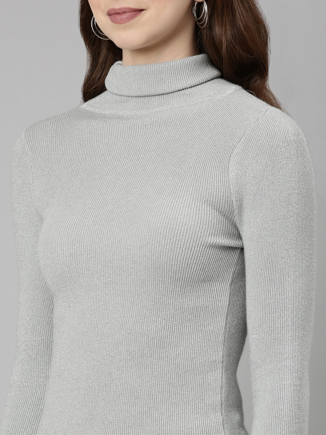 Women High Neck Embellished Regular Sleeves Fitted Grey Top