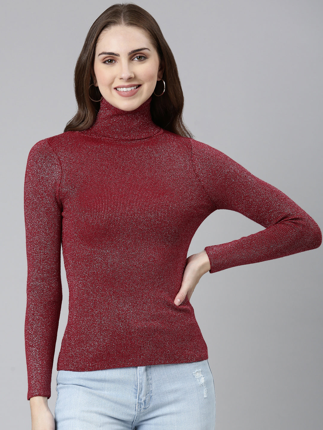 Women's High Neck Embellished Regular Sleeves Fitted Maroon Top