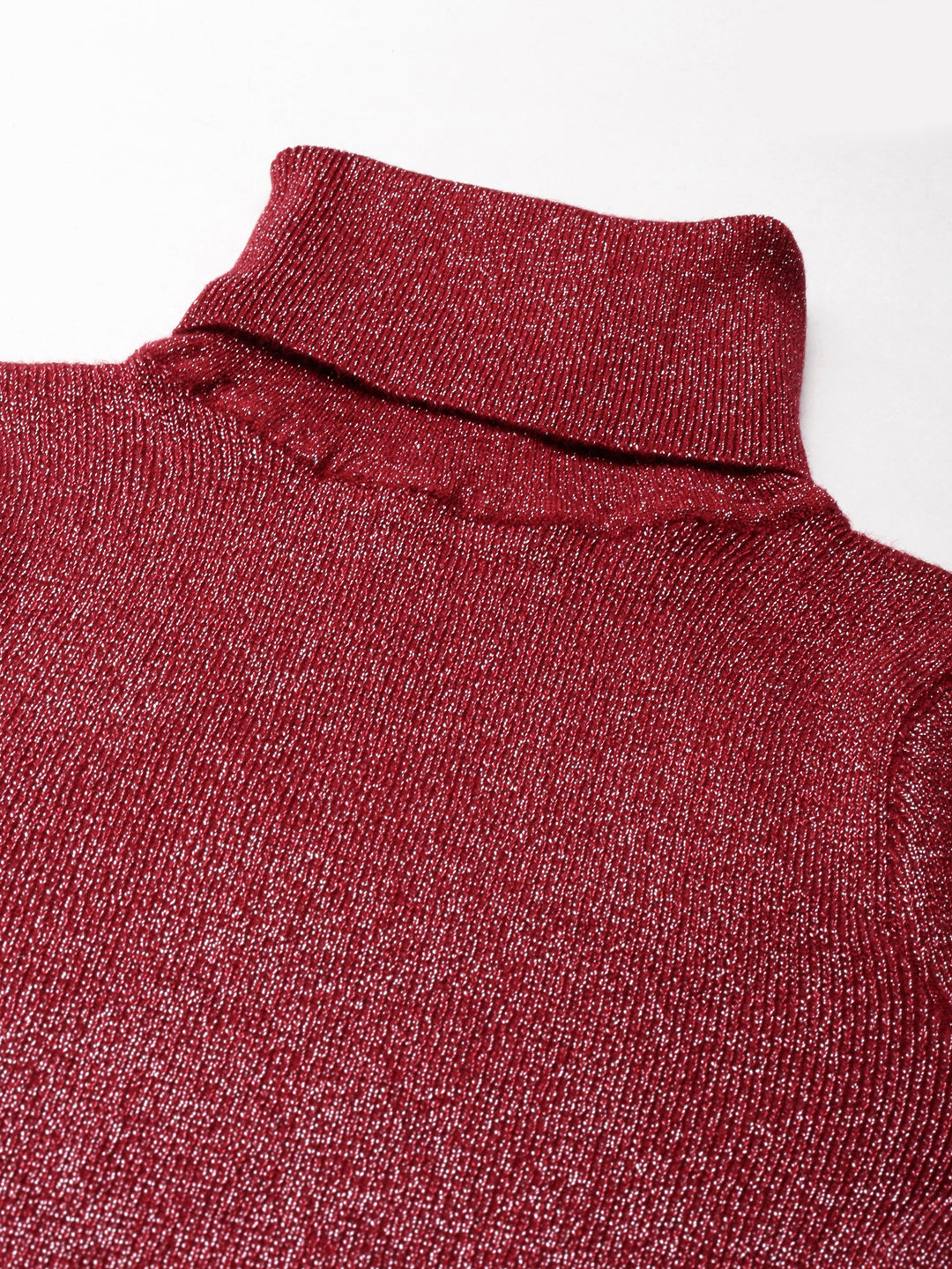 Women's High Neck Embellished Regular Sleeves Fitted Maroon Top