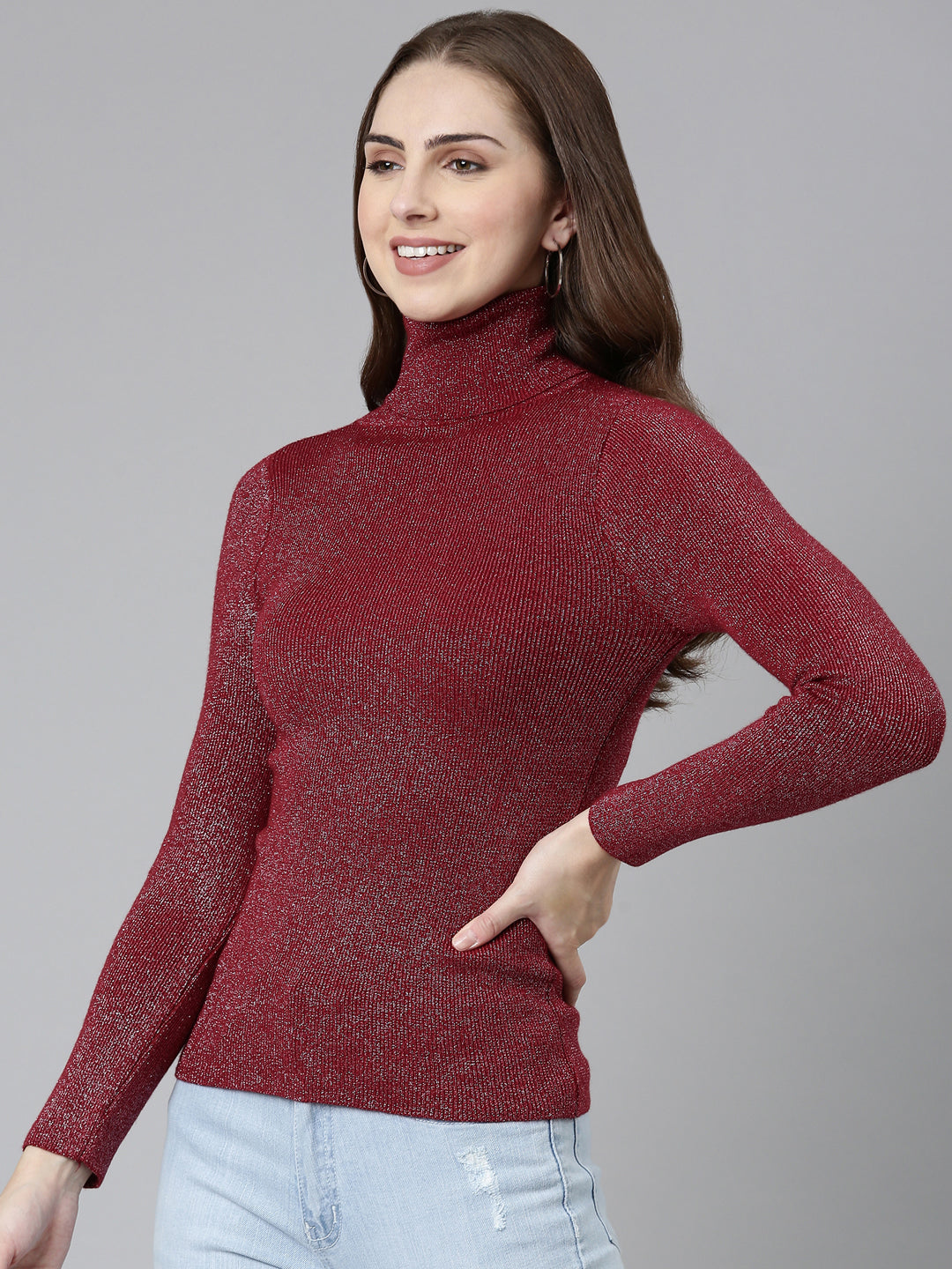 Women's High Neck Embellished Regular Sleeves Fitted Maroon Top