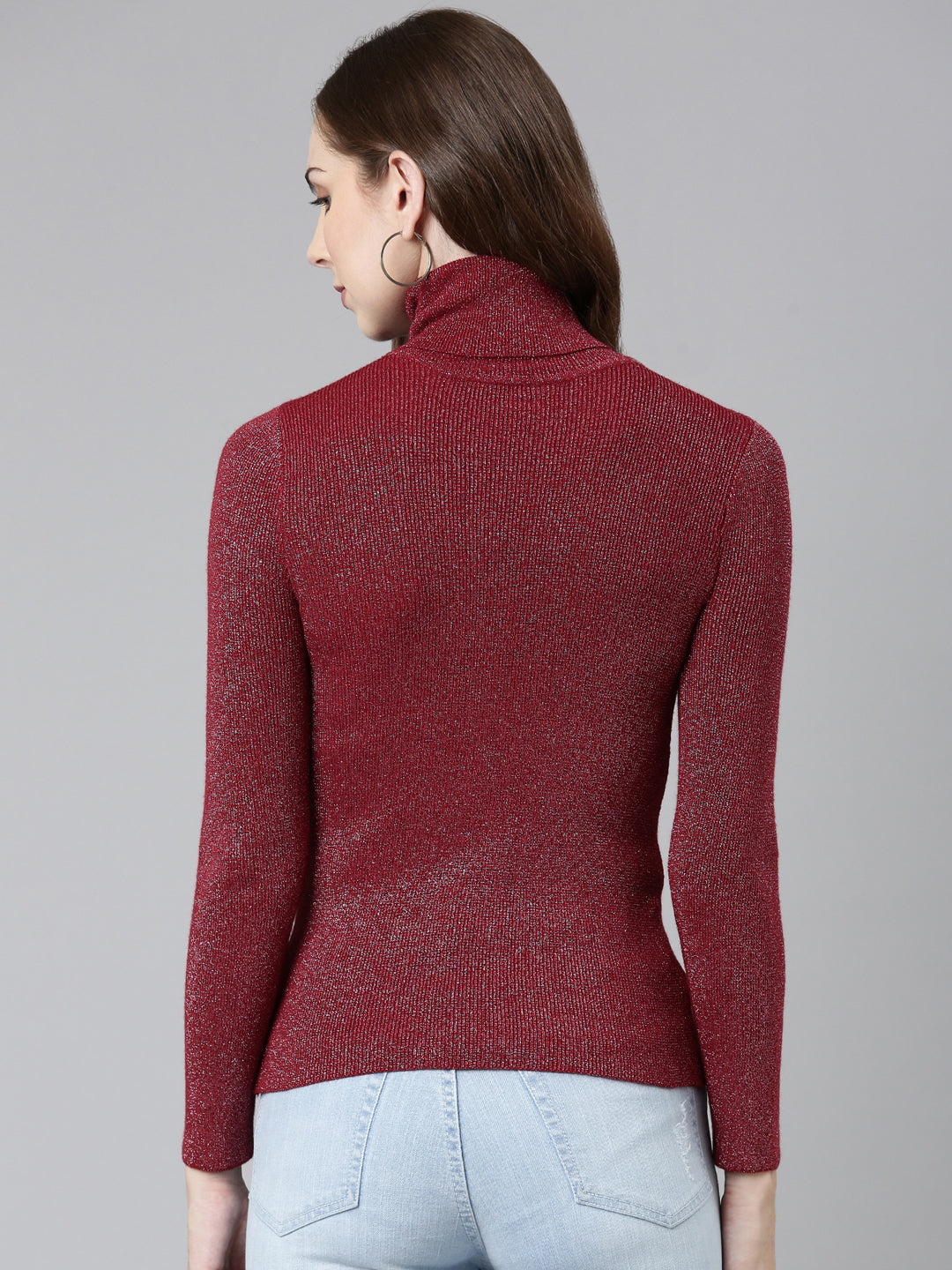 Women's High Neck Embellished Regular Sleeves Fitted Maroon Top