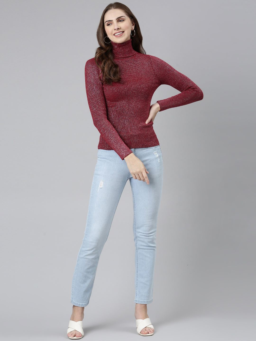 Women's High Neck Embellished Regular Sleeves Fitted Maroon Top