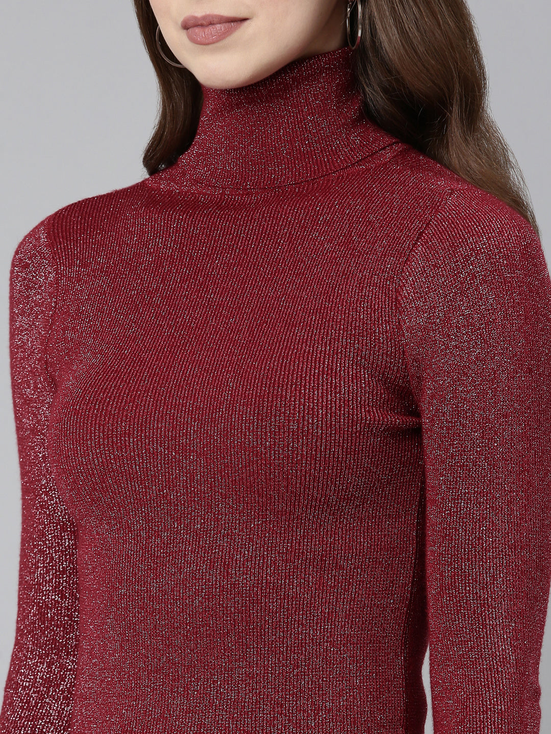 Women's High Neck Embellished Regular Sleeves Fitted Maroon Top