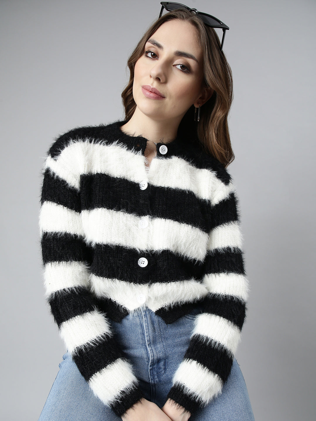 Women's Black Striped Crop Cardigan