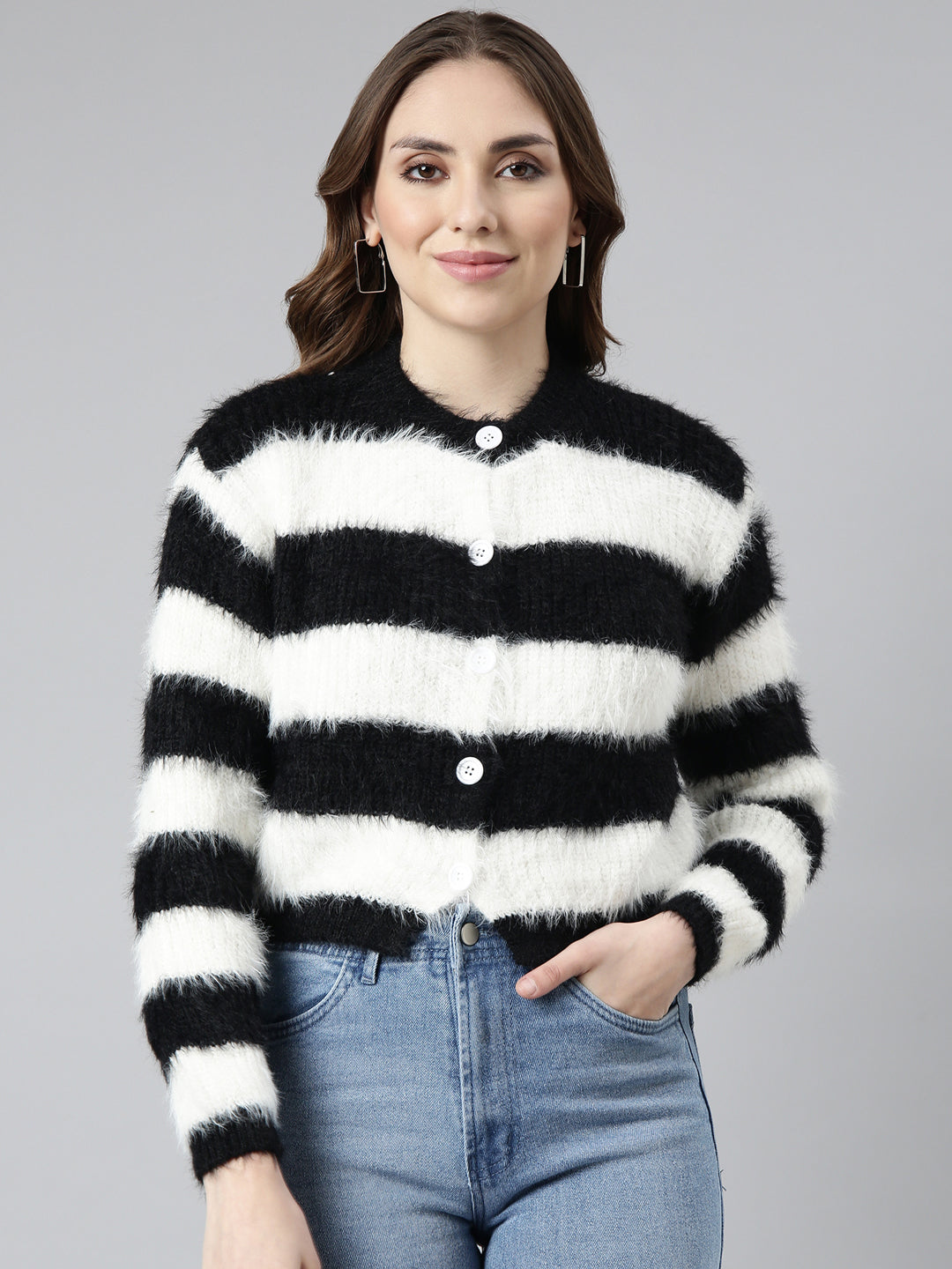 Women's Black Striped Crop Cardigan