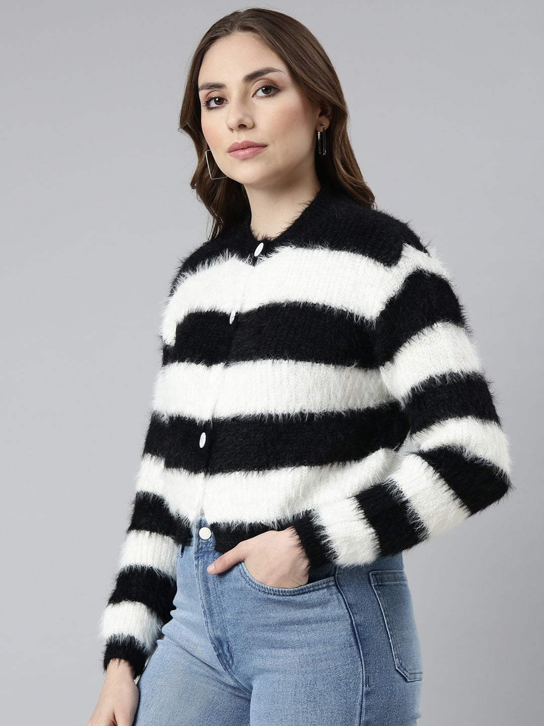 Women's Black Striped Crop Cardigan