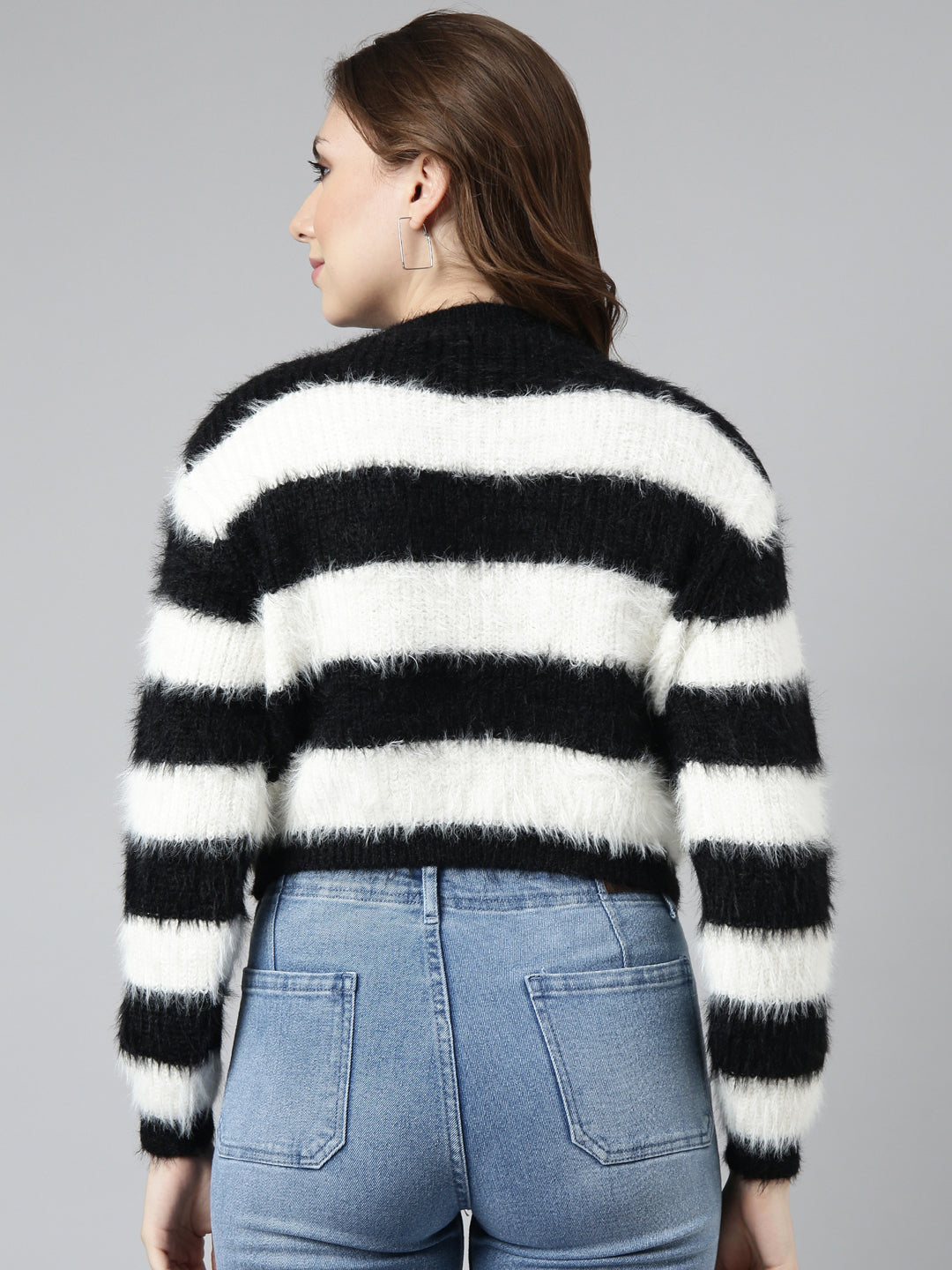 Women's Black Striped Crop Cardigan