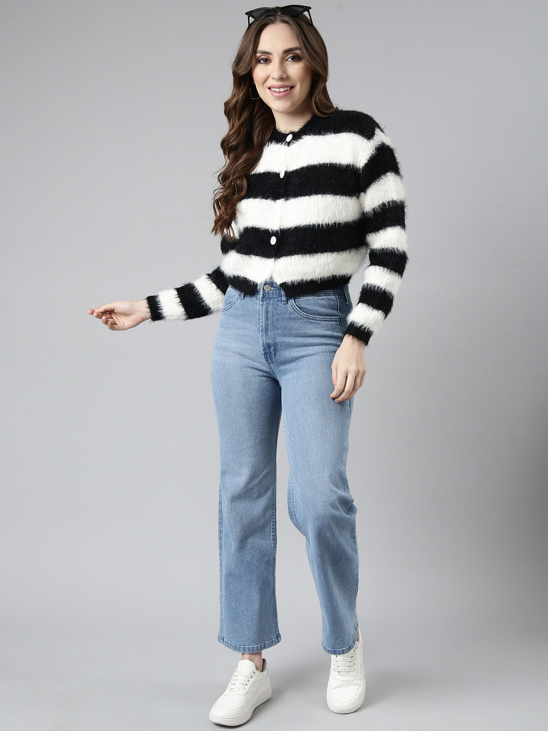 Women's Black Striped Crop Cardigan