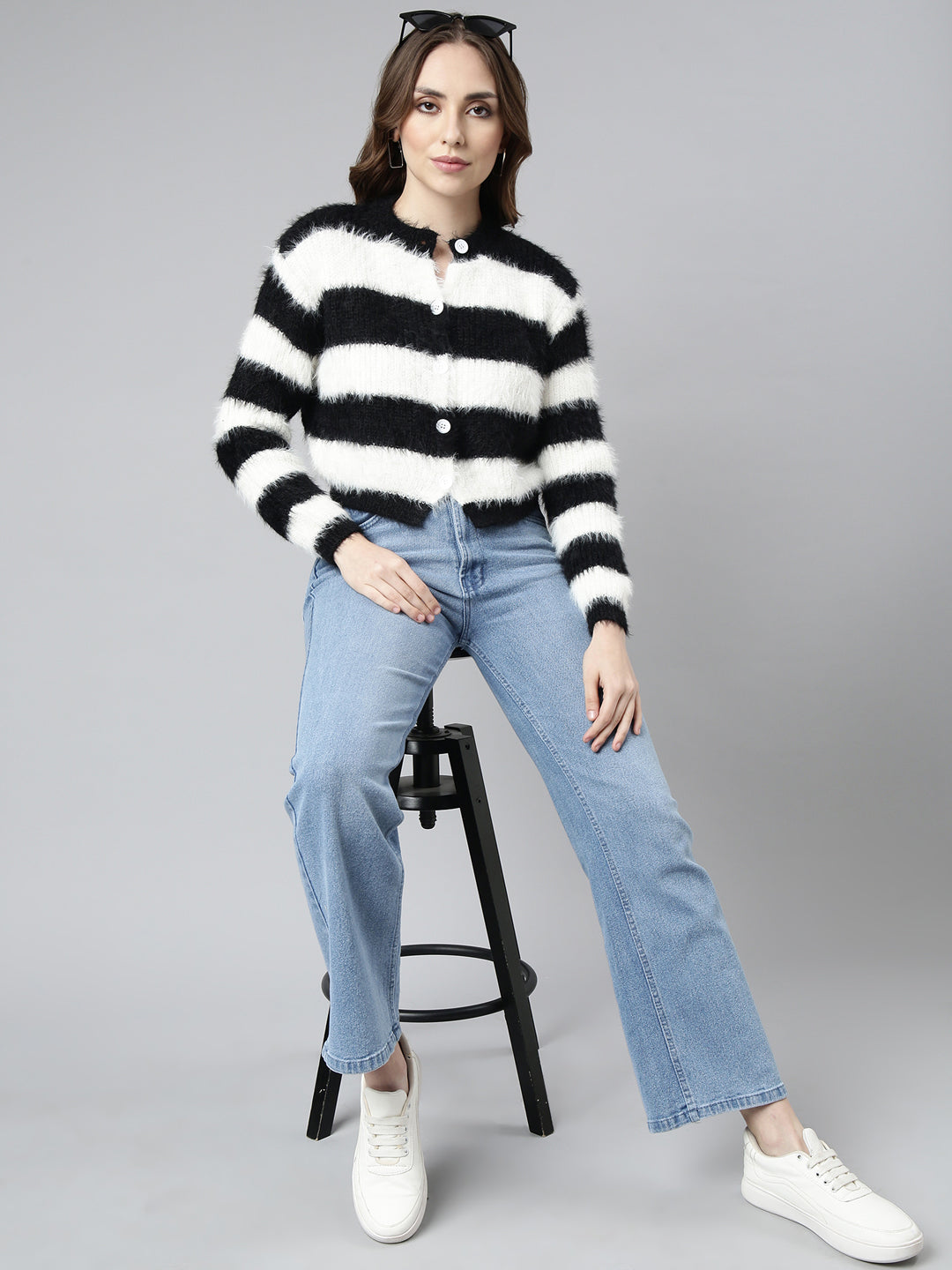 Women's Black Striped Crop Cardigan
