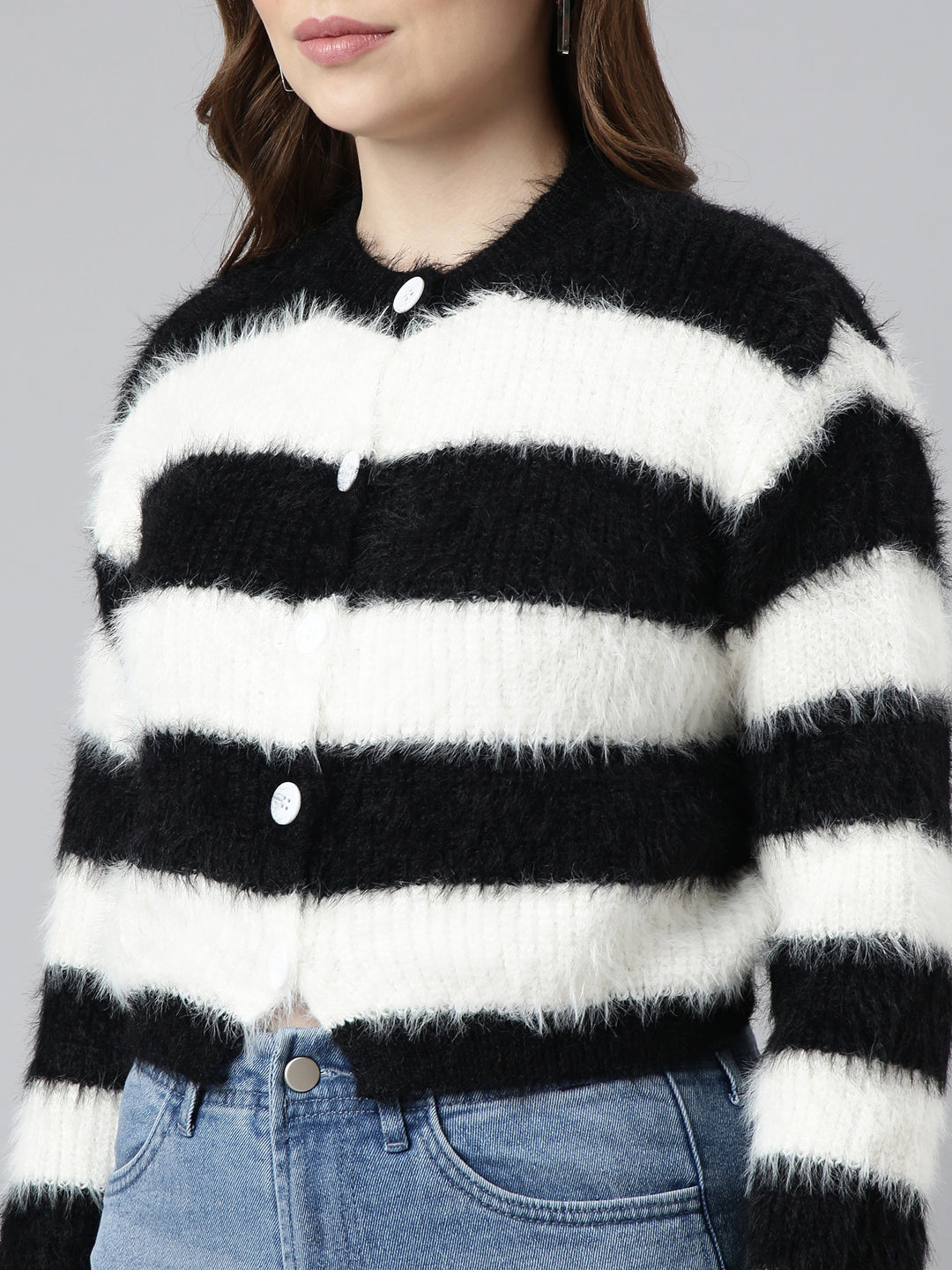 Women's Black Striped Crop Cardigan