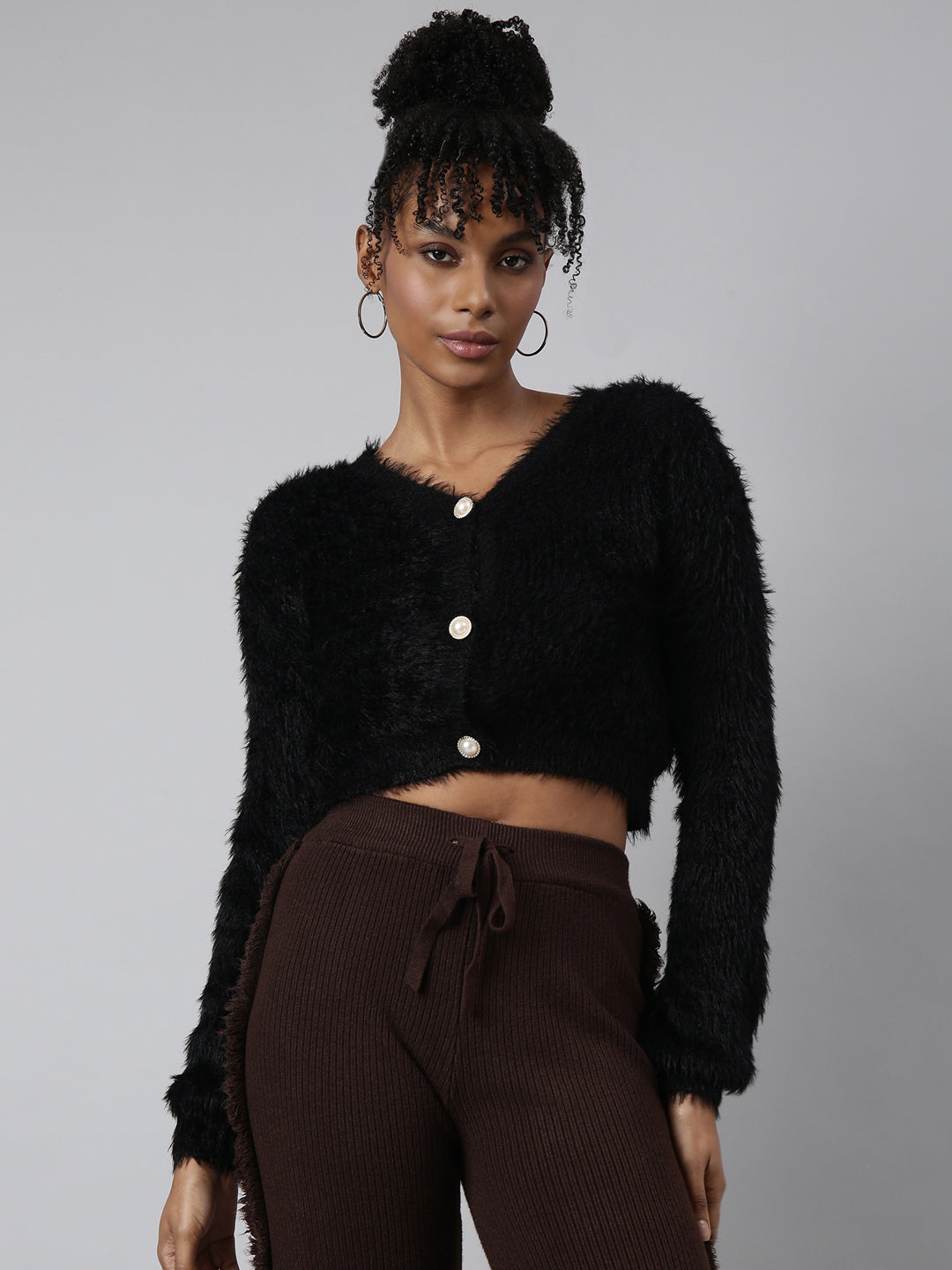 Women Solid Black Crop Cardigan