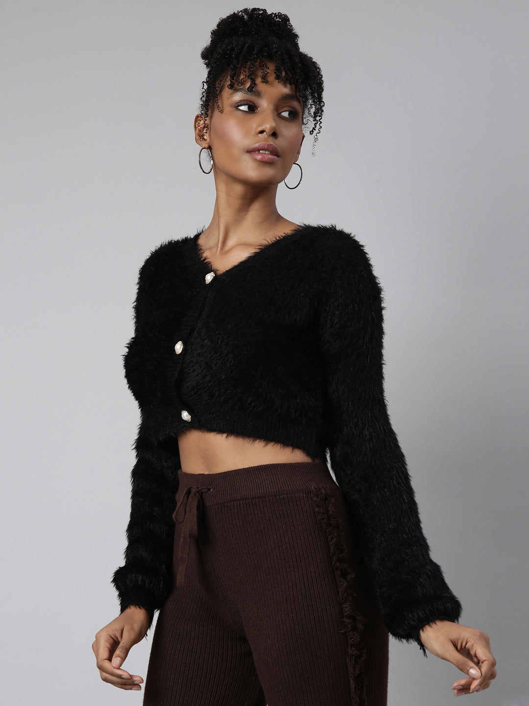 Women Solid Black Crop Cardigan